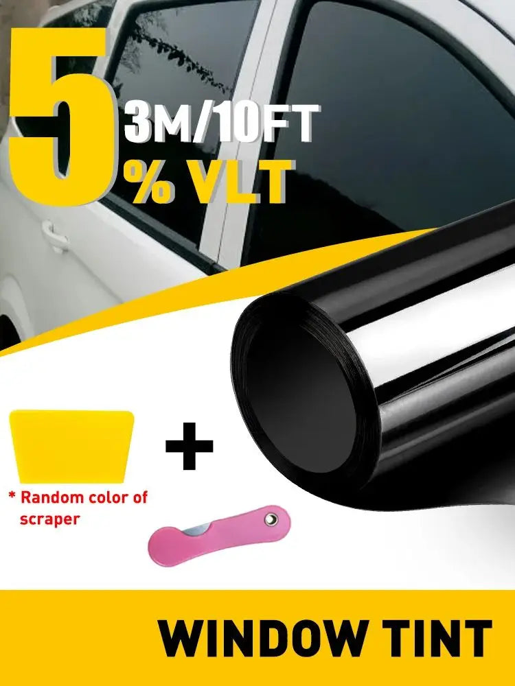 A roll of window tint film and a plastic scraper are shown with text advertising 53M/10FT % VLT window tint for vehicle priva