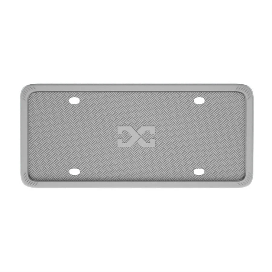 A rectangular gray silicone license plate frame cover with a textured pattern and four mounting holes.