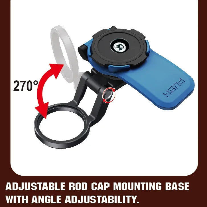 Blue adjustable rod cap mounting base for motorcycle phone mounts showing a 270 degree angle.