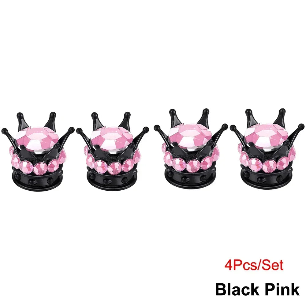 Set of four black pink diamond rhinestone tire valve caps