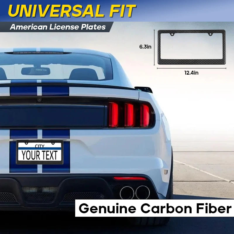 A black carbon fiber license plate frame cover for a blue and white car.