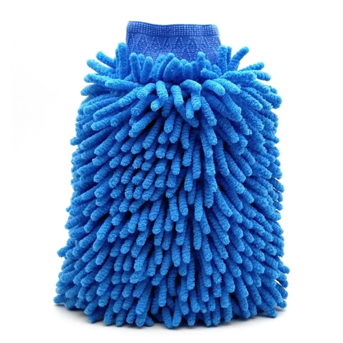 A bright blue microfiber car wash mitt with a textured, fluffy surface.