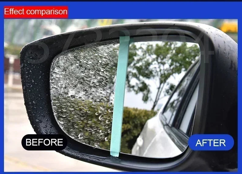 Comparison of a car window before and after using a rain repellent spray, showing water beading on the glass.