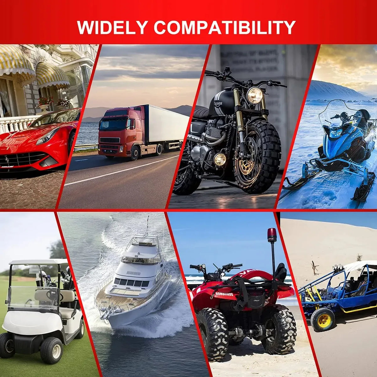 A collage showing various applications of a high-capacity car fuse kit including vehicles, motorcycles, boats, and utility eq