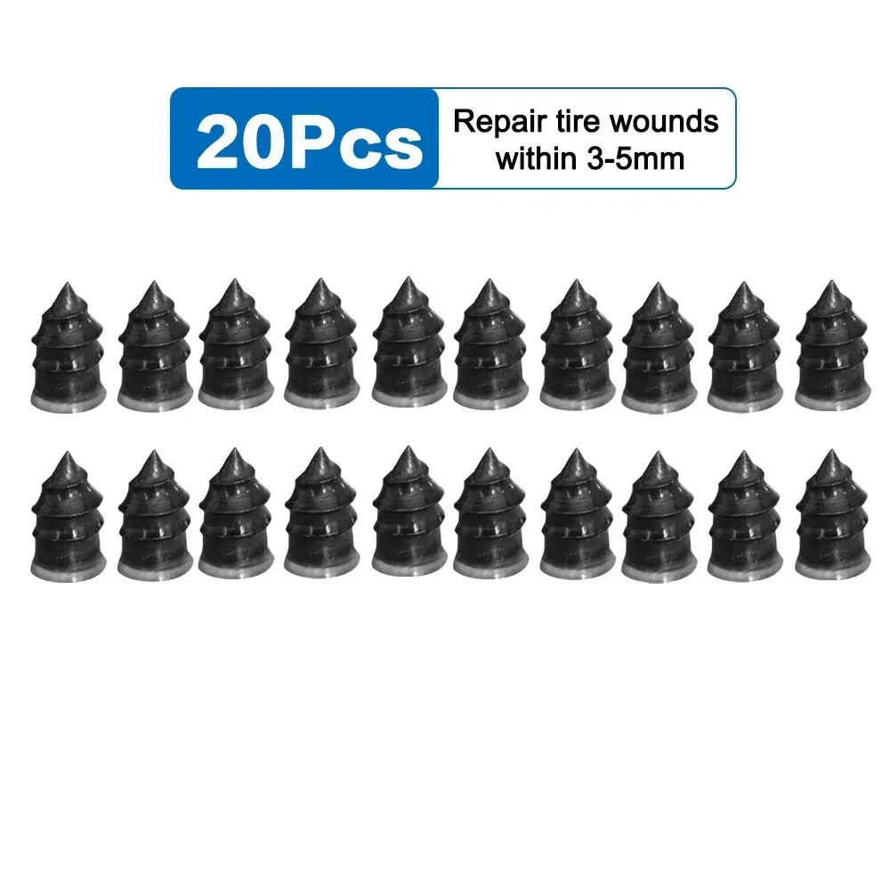 A set of 20 rubber tire repair plugs for various vehicles.