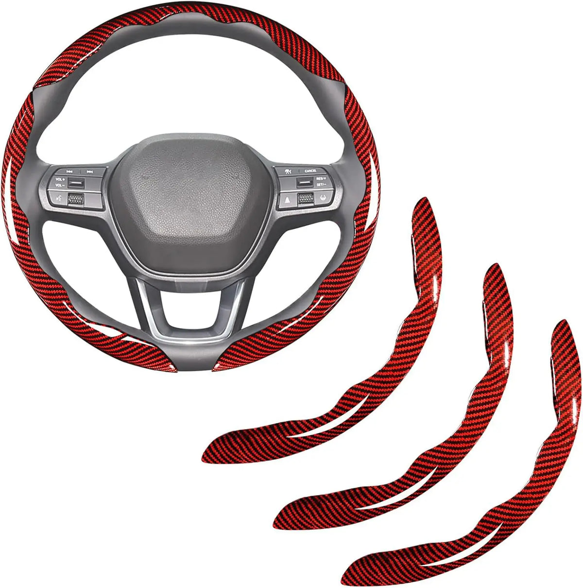 A black carbon fiber steering wheel cover with red accents shown in various angles.