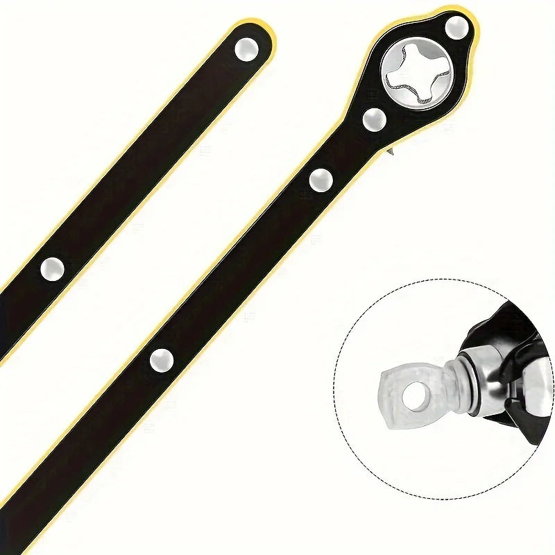 A black heavy-duty ratchet wrench with a silver head and multiple mounting holes.