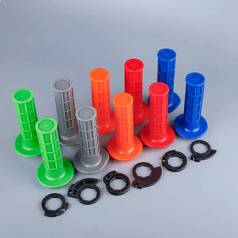 A collection of colorful universal motorcycle handlebar grips in various sizes and colors.