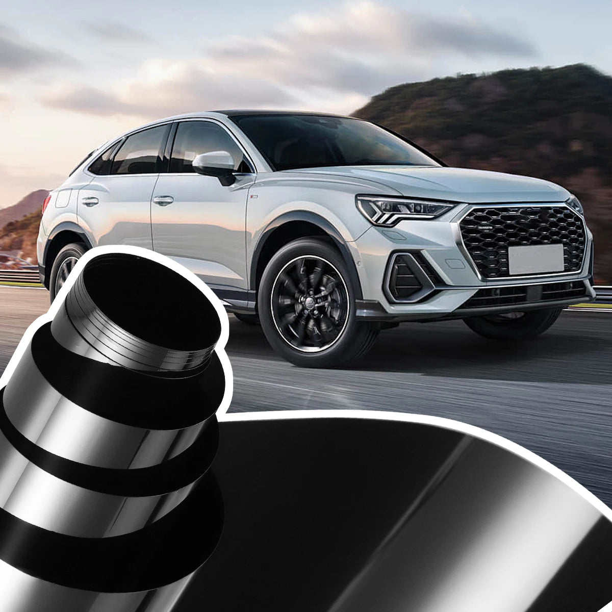 A silver SUV is shown with a close-up of a window tint film roll for sun protection.