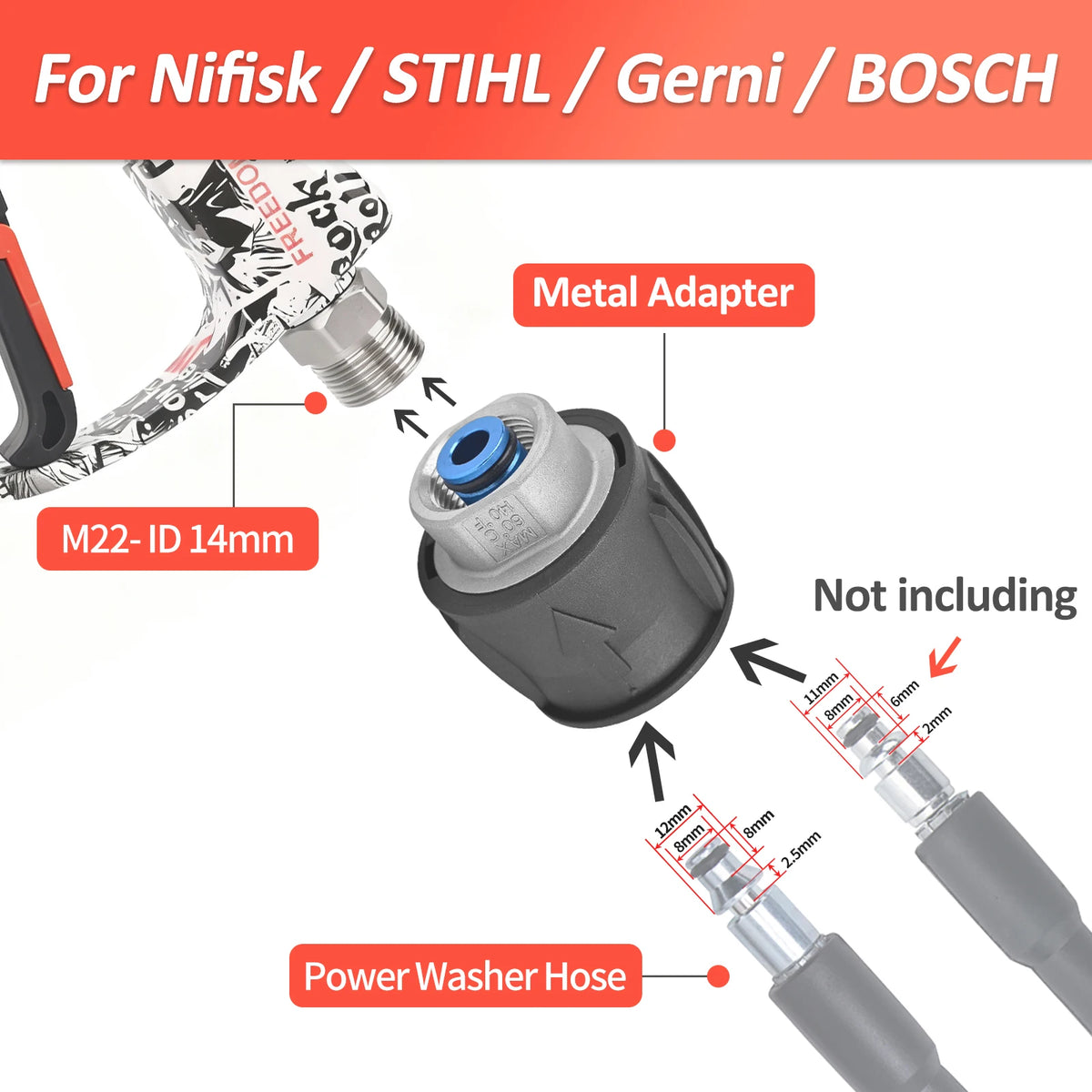 Pressure washer spray gun kit components including a metal adapter and power washer hose for various brands