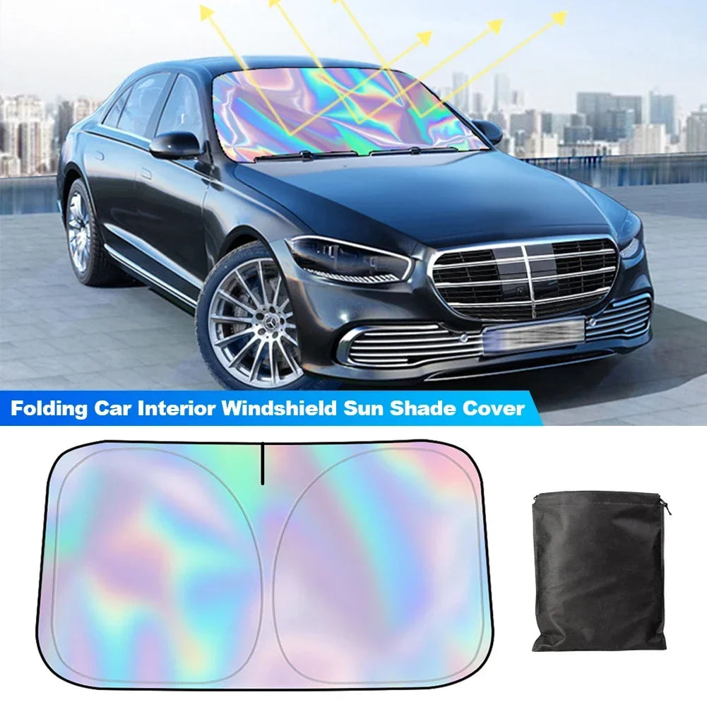 A dark sedan with a folding UV reflective windshield sun shade cover displayed alongside the folded shade.