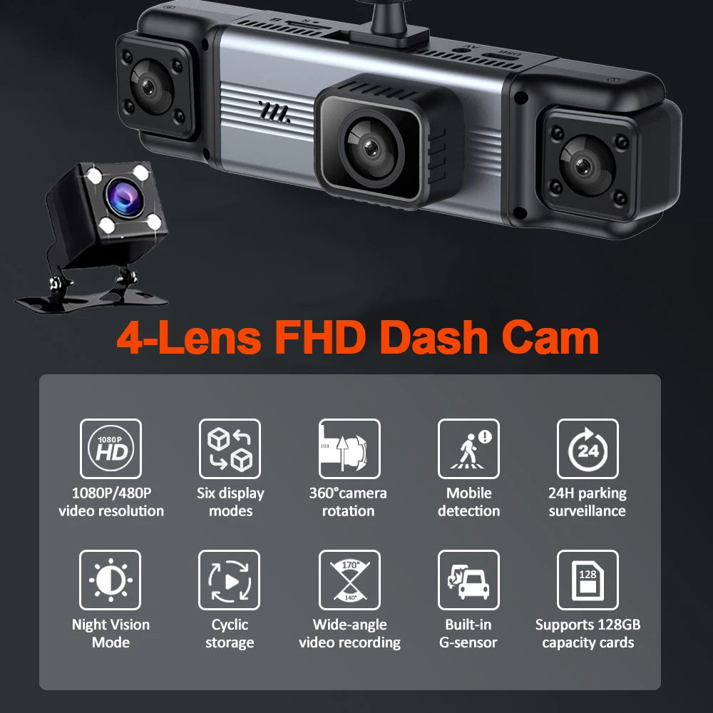 Silberne 4-Linsen FHD-Dashcam-Gerät mit verschiedenen Funktionen darunter angezeigt.