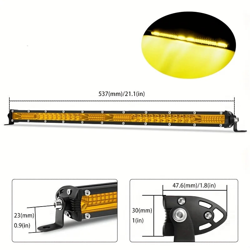 An ultra bright LED light bar for off-road vehicles shown in various views and dimensions.