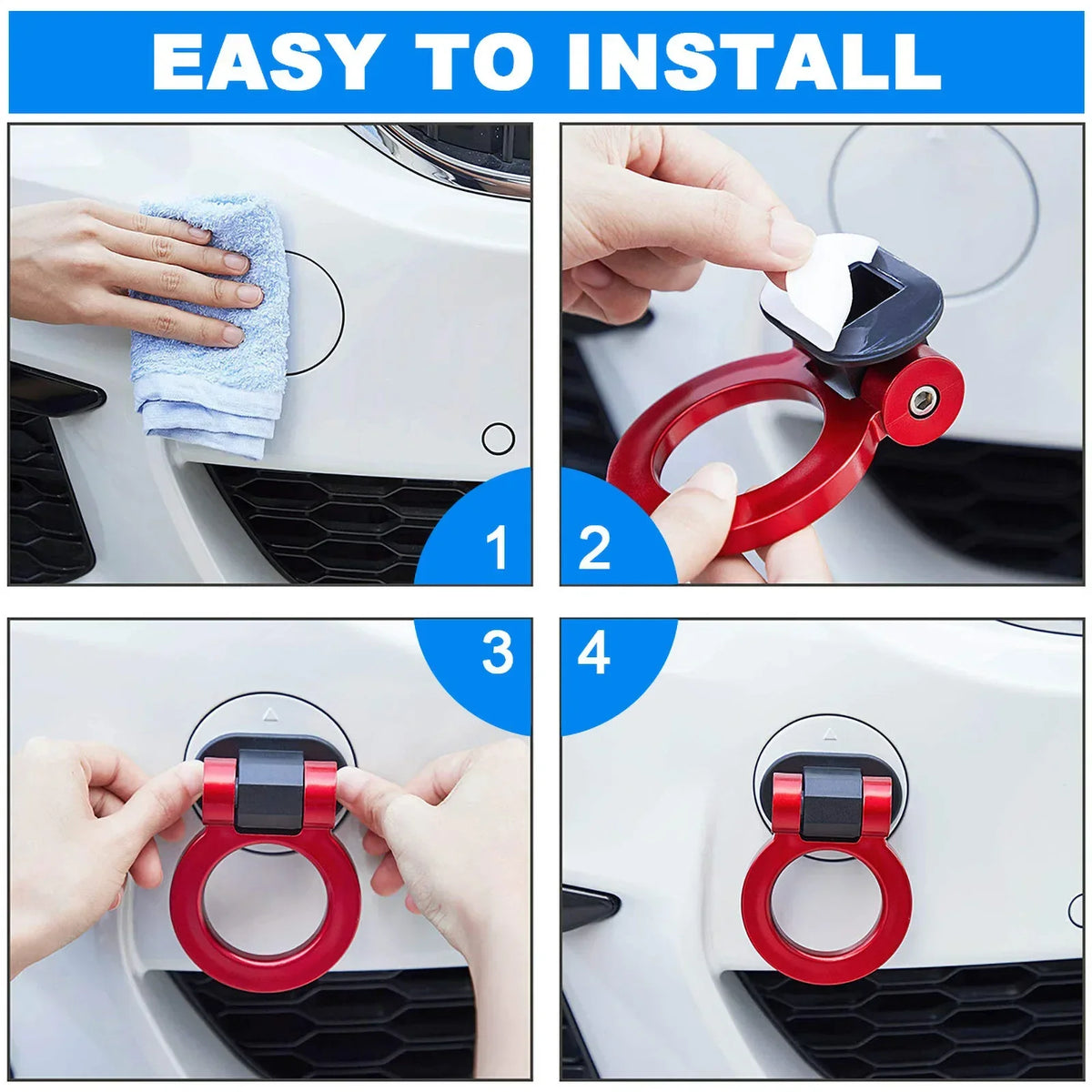 Hands install a red decorative racing tow hook sticker onto a car bumper.