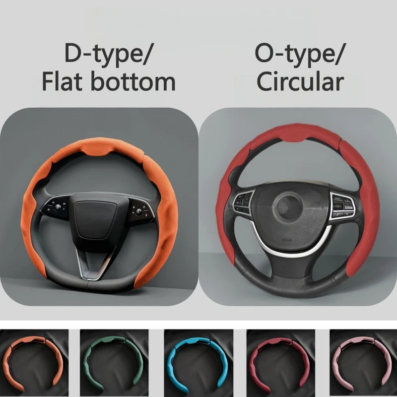 Comparison of D-type flat bottom and O-type circular breathable perforated leather steering wheel covers.