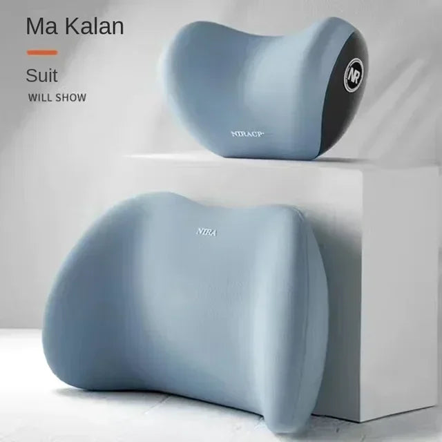 A light blue ergonomic memory foam neck and lumbar pillow set shown in a suit context.