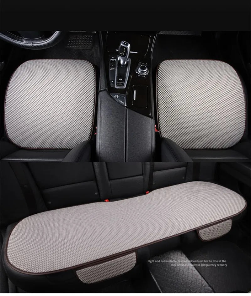 Interior view of a car seat with a breathable ice silk cushion installed on the seat.