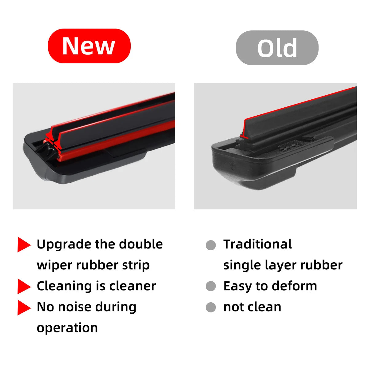 Comparison of a new universal car wiper blade with dual rubber strips and an old single layer rubber wiper blade.