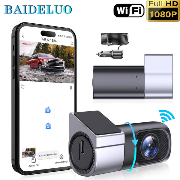 Cámara de dashcam Wi-Fi negra 1080P con sus componentes y una pantalla de smartphone mostrando imágenes en vivo.