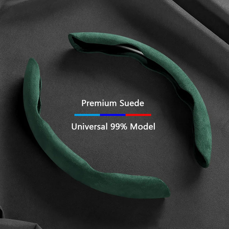 A dark green suede steering wheel cover is shown against a dark background, labeled as a Universal 99% model.