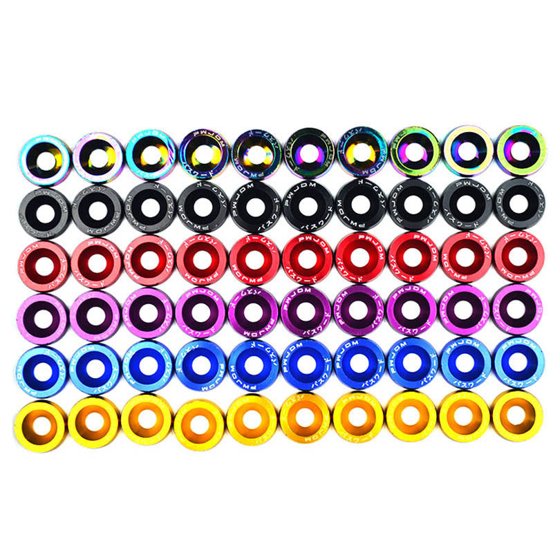 A collection of various colored aluminum fender fasteners, including black, silver, and bright colors.