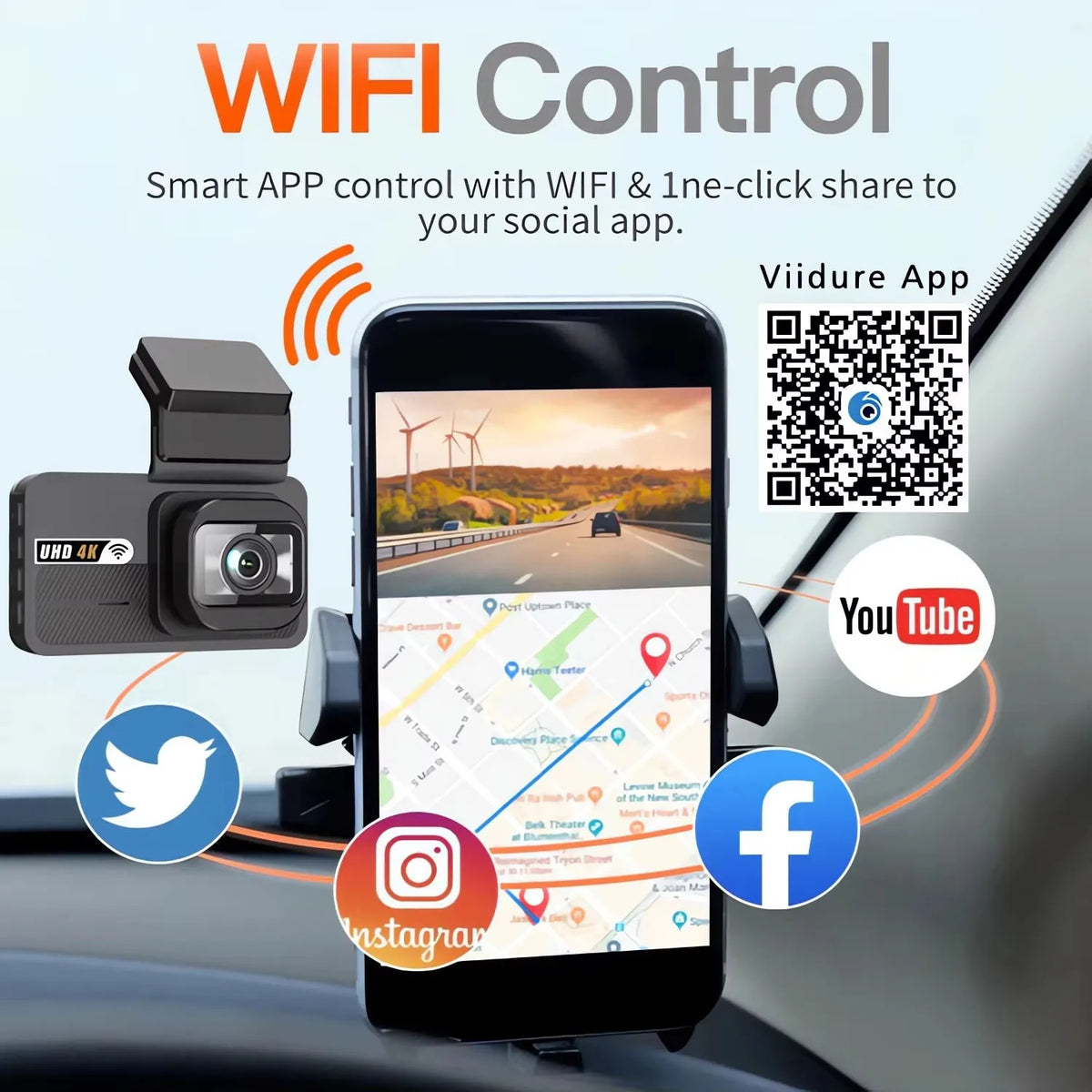 A smartphone displays a WiFi control app interface for a 4K dash cam, showing options to share footage to social apps.