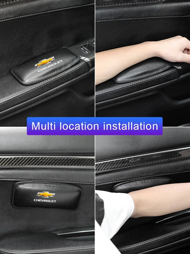 Close-up shots showing multi location installation of leather knee pads for car driving on a black interior.
