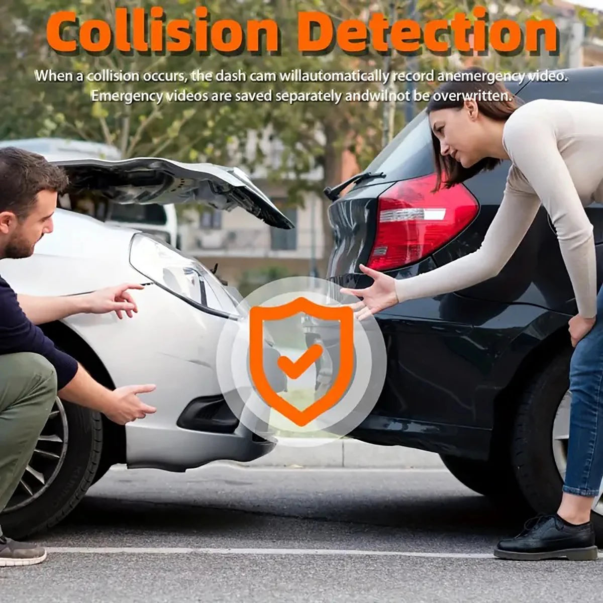A woman is using a dash cam to record an emergency video of a collision between two cars.