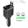 A black 5-in-1 fast car charger with a digital display and retractable cable, designed for Android devices.
