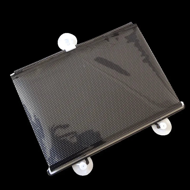 A rectangular, dark gray retractable car windshield sun shade with mounting hardware.