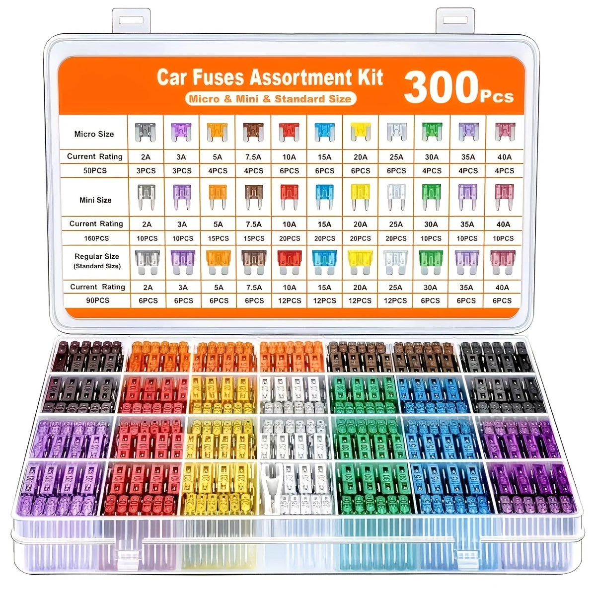An assortment kit of various car fuses, including micro, mini, and standard size fuses in multiple ratings and colors.