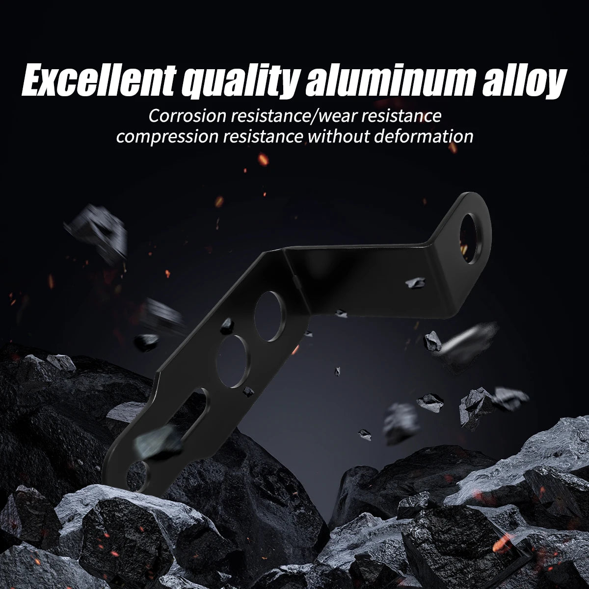 A black aluminum alloy rearview mirror extension bracket is shown against a dark, rocky background.