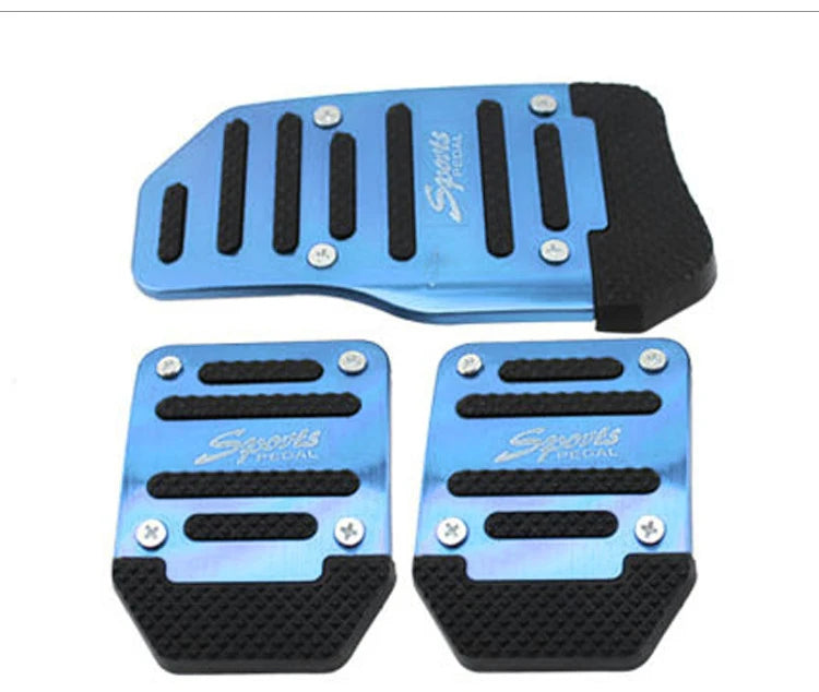 A set of blue and black universal car pedal covers for sports pedals.