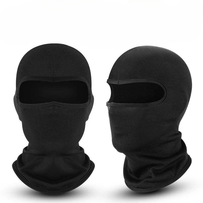 A pair of black all-weather windproof balaclava face masks shown from the front and side.