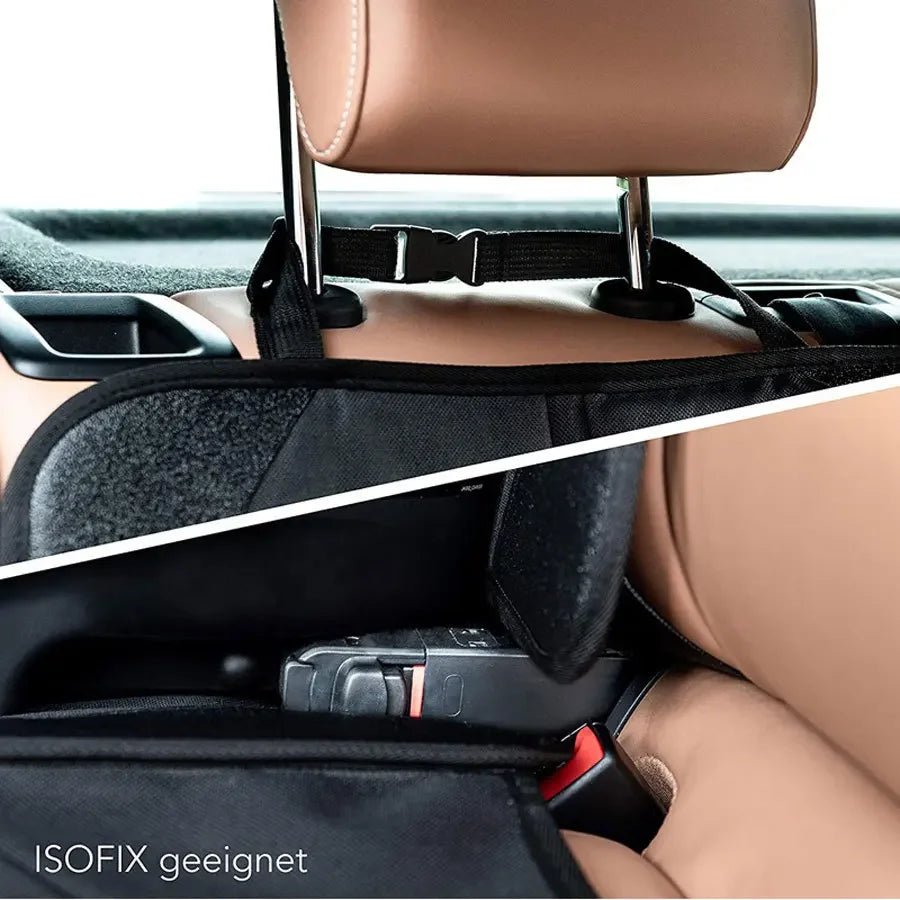 A close-up view of an ISOFIX seat protector pad installed in a car seat, showing the padding and harness system.