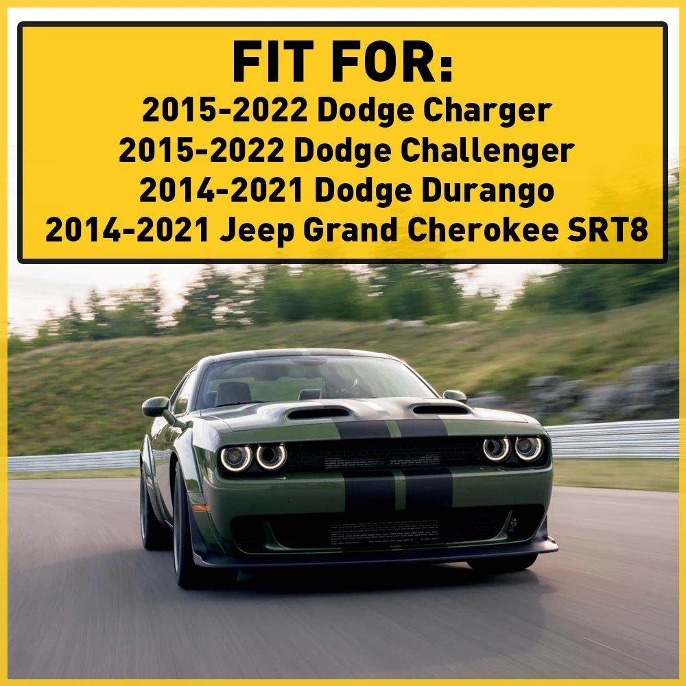 A green Dodge Charger is driving on a road, showcasing the steering wheel trim cover fit for various Dodge and Jeep models.