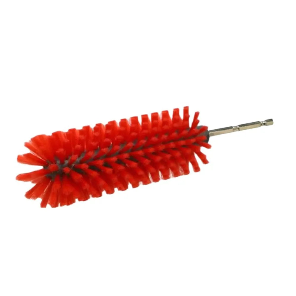 A red multipurpose drill brush with numerous bristles for cleaning wheels and tires.