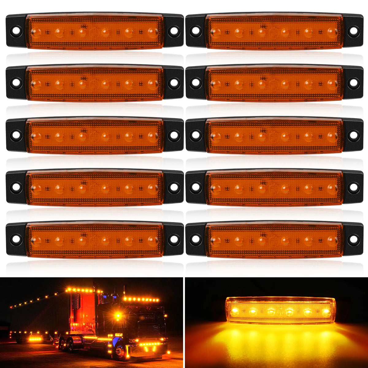 Plusieurs vues de feux de signalisation LED multicolores montés sur un véhicule, montrant différentes couleurs et illuminatio
