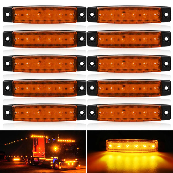Multiple views of multi-color LED marker lights mounted on a vehicle, showing various colors and illumination.