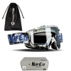 A pair of multi-color motorcycle goggles and a black drawstring bag are shown with the NAFEIB brand.