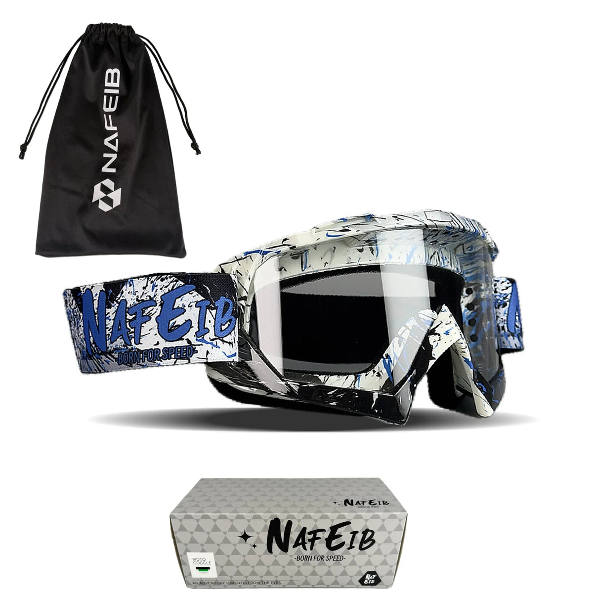 A pair of multi-color motorcycle goggles and a black drawstring bag are shown with the NAFEIB brand.
