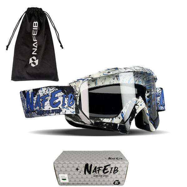 A pair of multi-color motorcycle goggles and a black drawstring bag are shown with the NAFEIB brand.