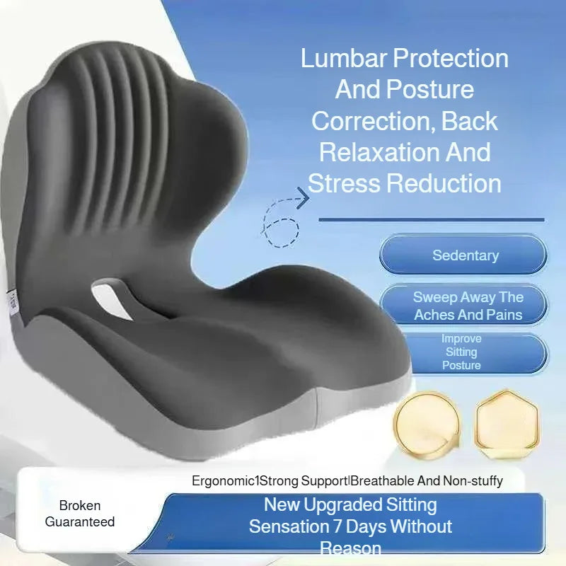 Gray ergonomic shell seat cushion designed for lumbar protection, posture correction, and stress reduction.