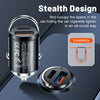 A silver USB car charger with a stealth design and an orange indicator light, shown next to a smartphone.