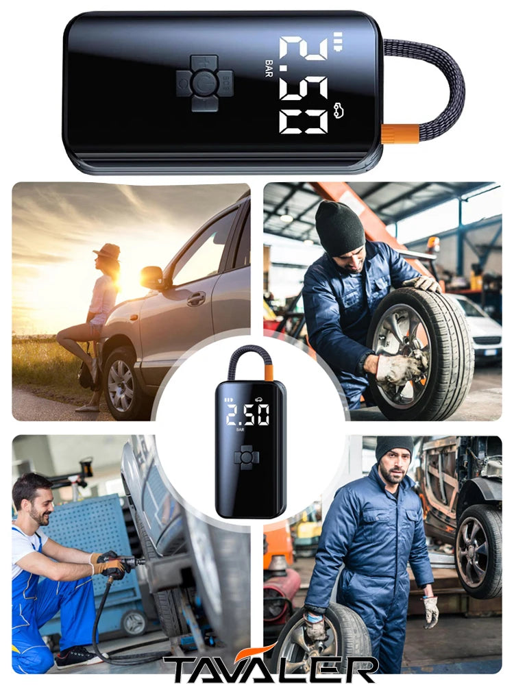 A portable digital air compressor device shown in various contexts, including near a car tire and working on a bicycle wheel.