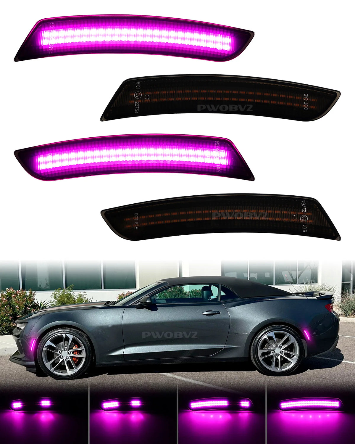 Three views of purple LED turn signal lights for a car, shown against a dark background.