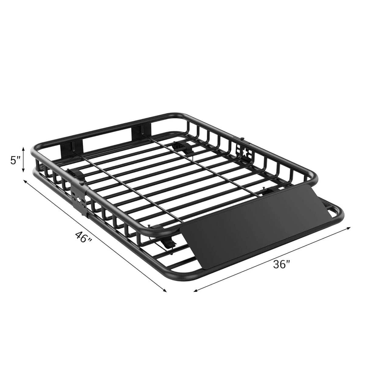 Black heavy-duty universal roof cargo basket with a rectangular platform and wire frame.