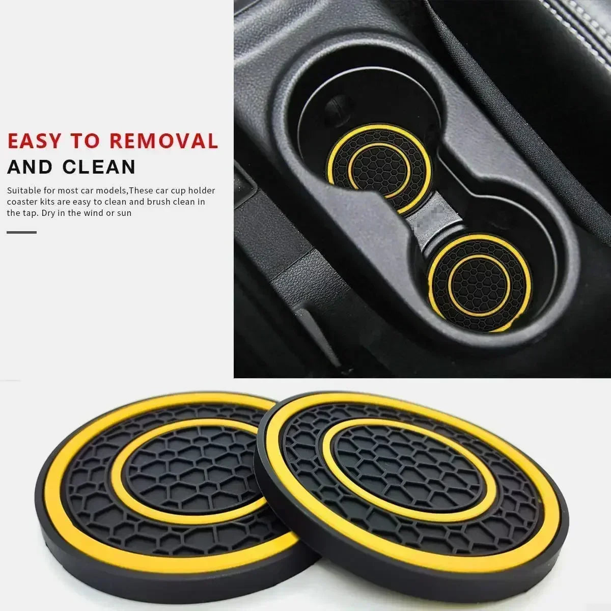 A set of two black and yellow silicone car cup holder coasters shown in a close-up view.