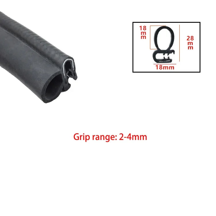 A black U-shaped door edge seal strip with dimensions and grip range specifications.