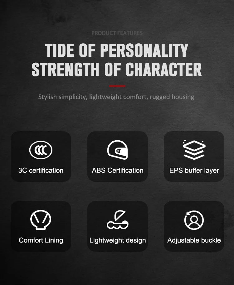 Product features list showing certifications and design elements for a personality strength of character item.